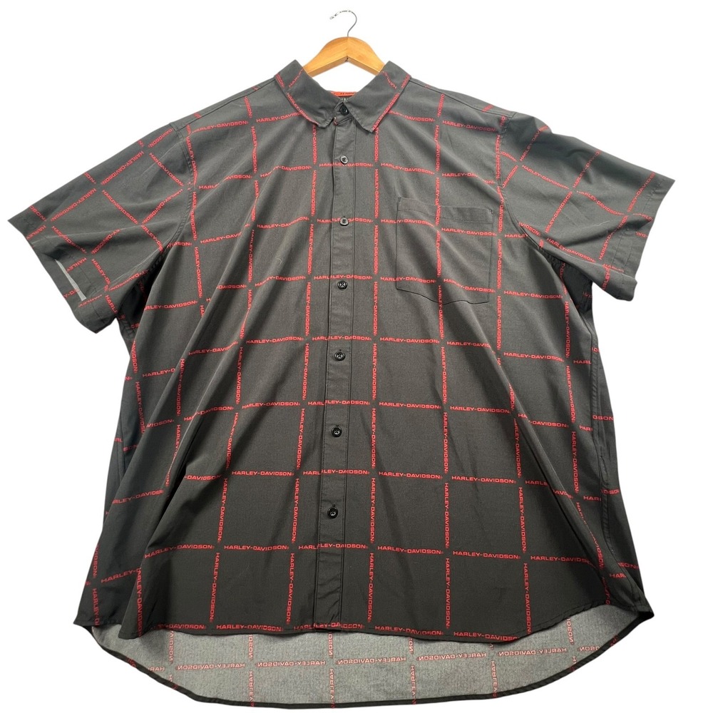 Harley-Davidson Button Shirt Mens 4XL Black Red Logo Grid Performance Short Slv